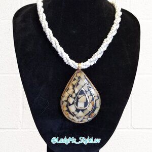 Handmade Teardrop Brass Pendant Beaded Necklace Stone Inlay Bohemian Hippie